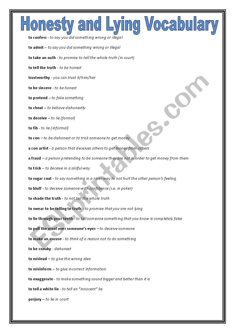 Honesty and Lying Speaking Activity and vocabulary