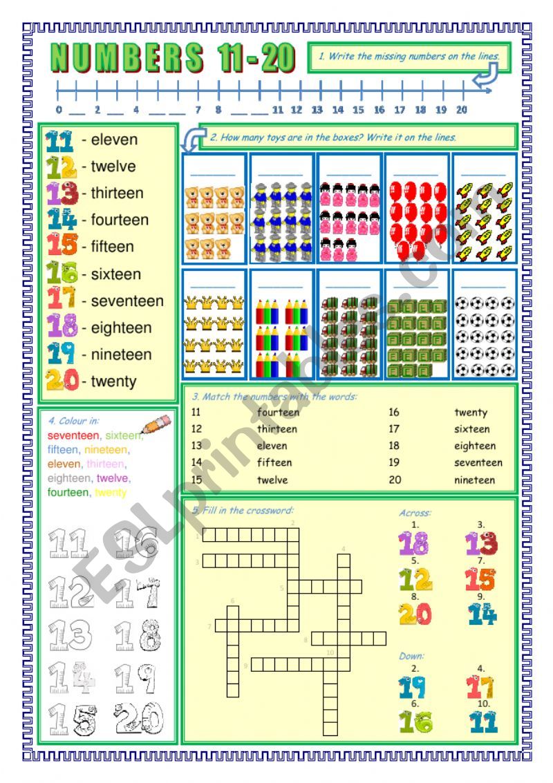 English Worksheets Numbers 11 20 1CE