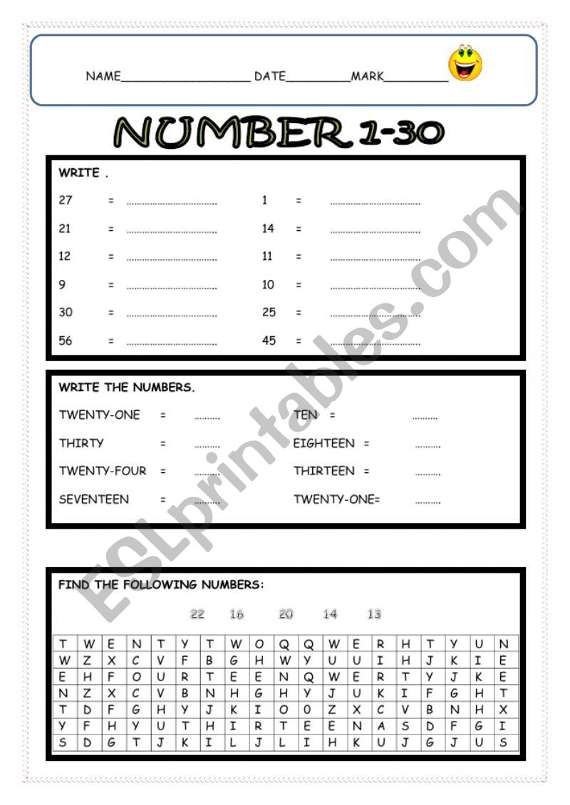 NUMBERS 0 -30 worksheet