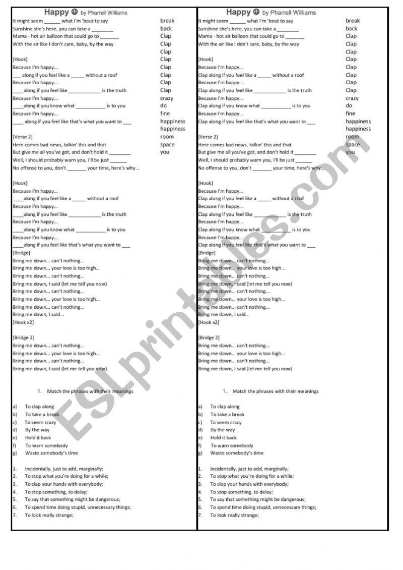 Song: Happy worksheet