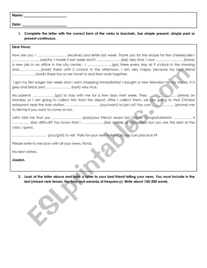 Verb tenses: Simple Present, Present Progressive, Simple Past (regular verbs)