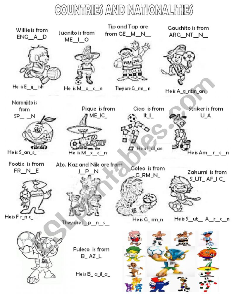 MUNDIAL MASCOTS NATIONALITIES worksheet