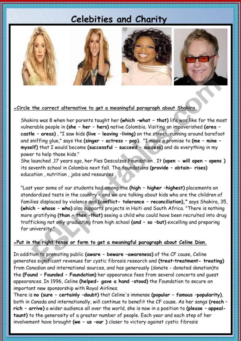 Celebrities and Charity worksheet