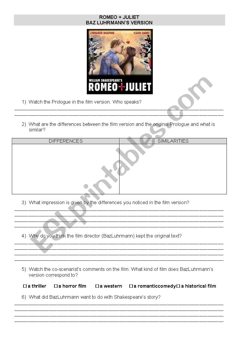 Study Romeo + Juliet worksheet