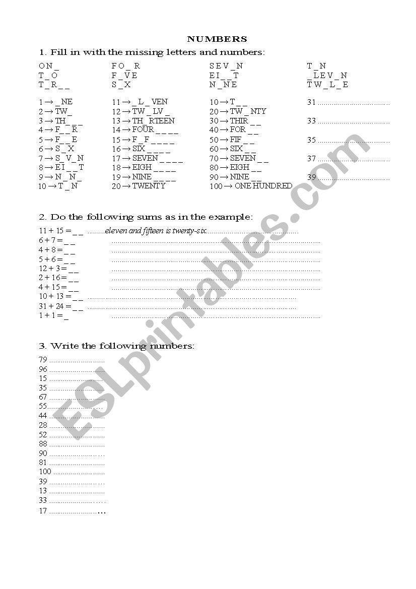 NUMBERS (2) worksheet