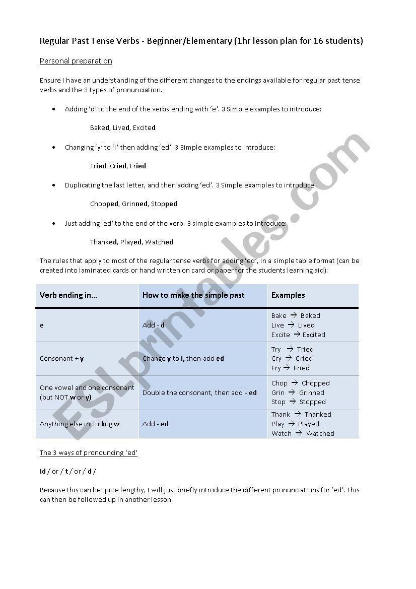 Lesson Plan - Regular verbs in the past tense (Elementary)