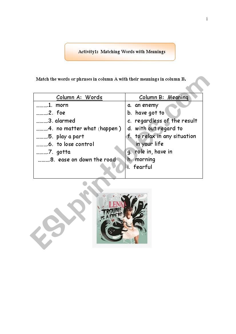 Trouble is a friend lyric worksheets