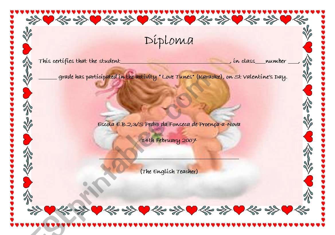Diploma St ValentineÂ´s Day worksheet