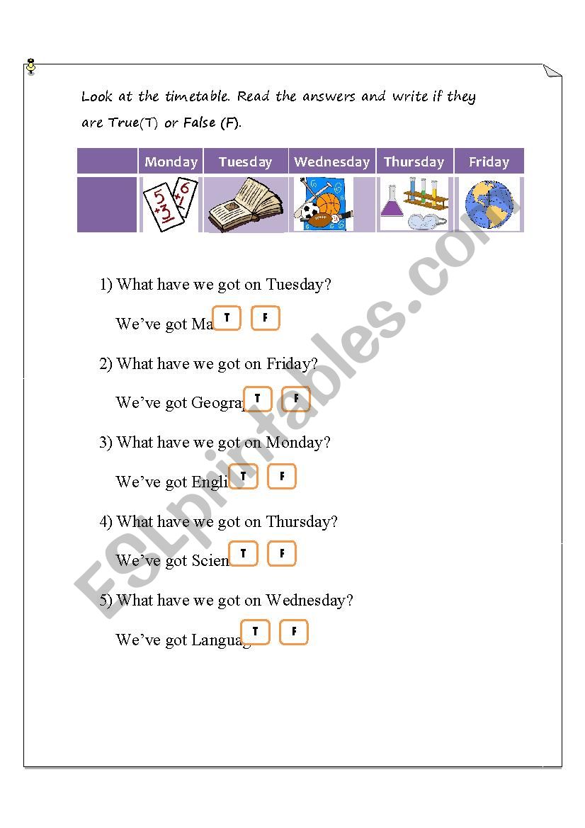 School Subjects True or False worksheet