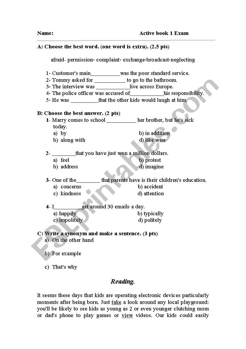 Active book 1 worksheet