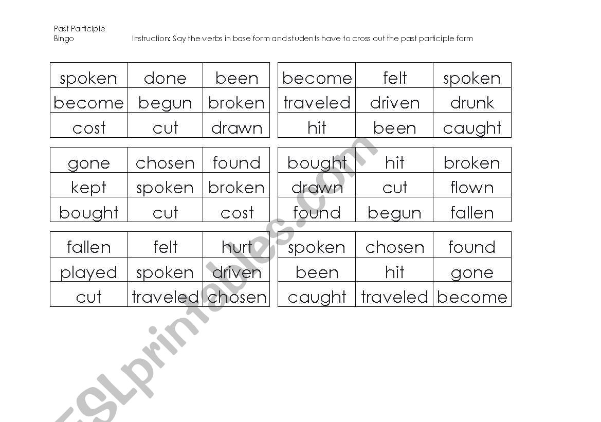 Past Participle Bingo worksheet
