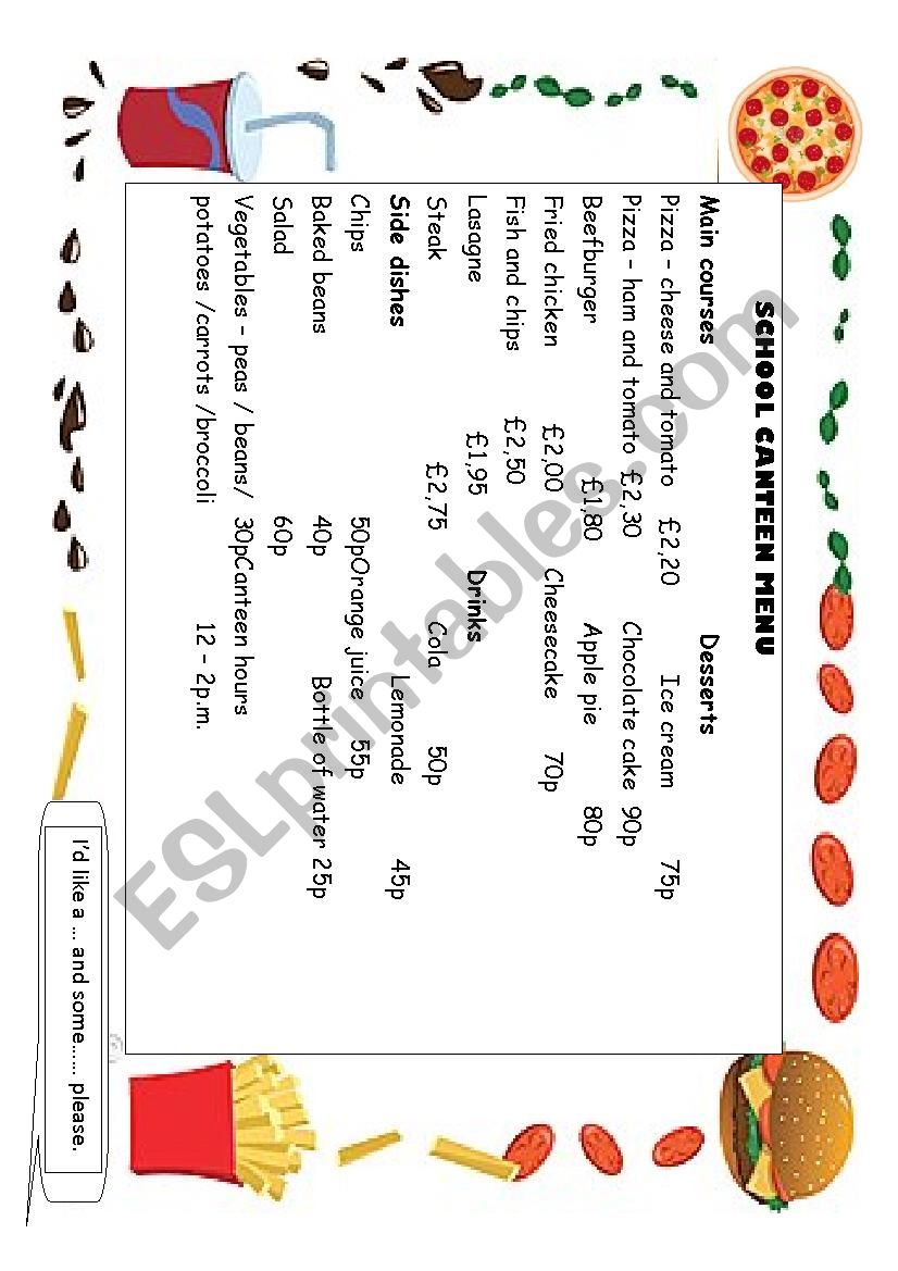 school canteen menu worksheet