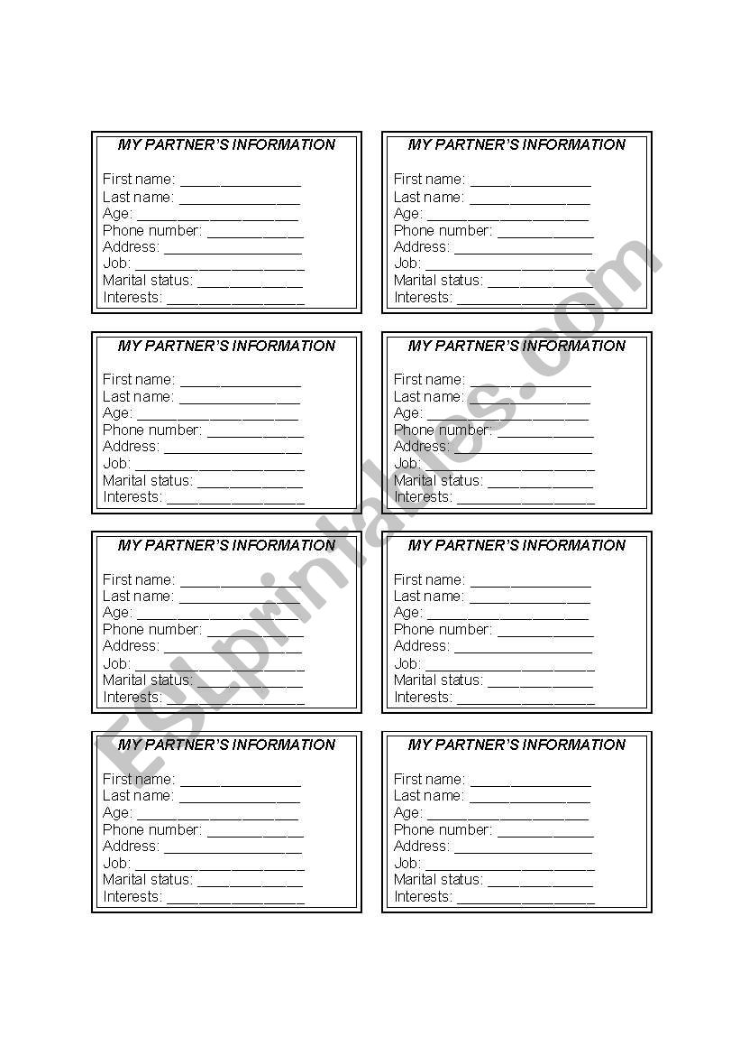 Personal Information worksheet