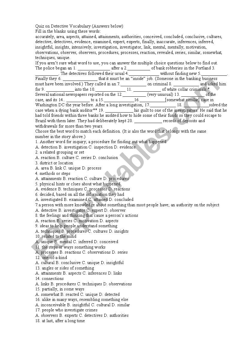 detective vocabulary quiz worksheet