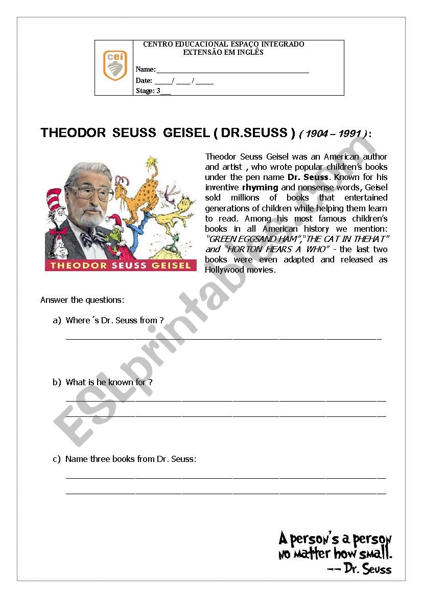 About Dr. Seuss worksheet