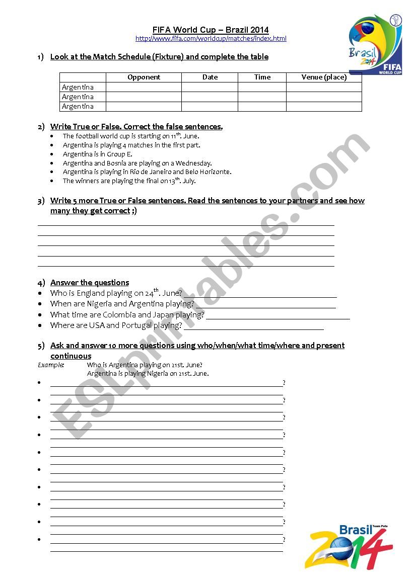 FIFA World Cup - Brazil 2014 worksheet