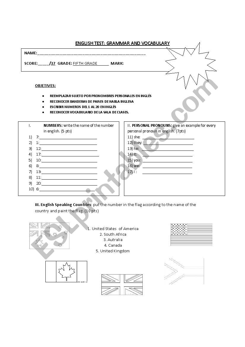 english test 5th grade worksheet
