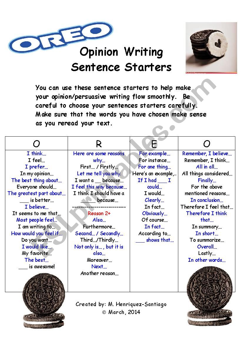 Opinion / Persuasive Writing Sentence Starters- O.R.E.O. Model