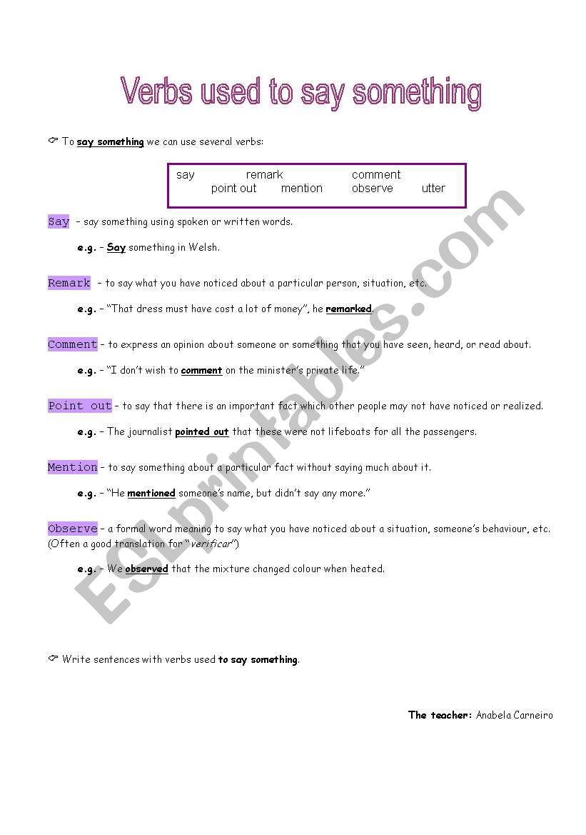 Verbs used to say something worksheet