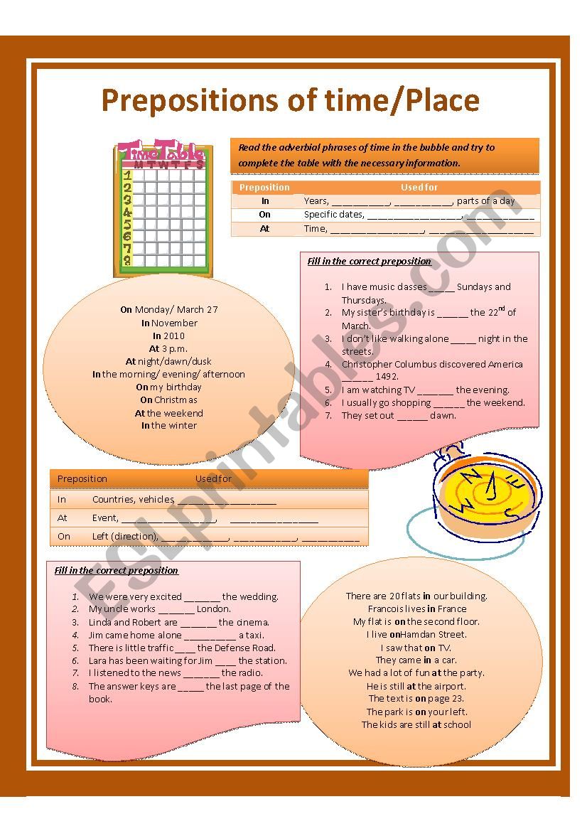 Prepositions of Place & Time worksheet