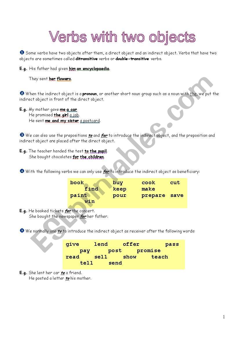 Verbs with two objects worksheet