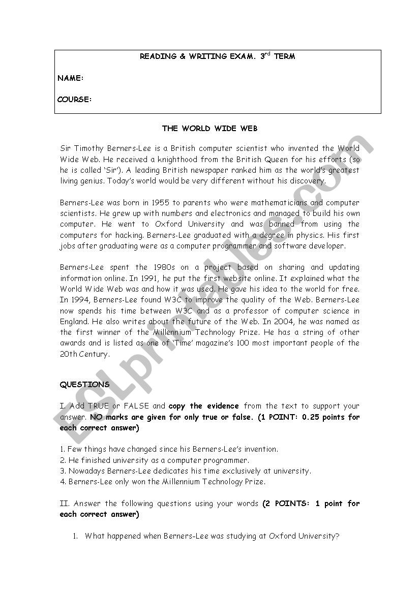 World Wide Web worksheet