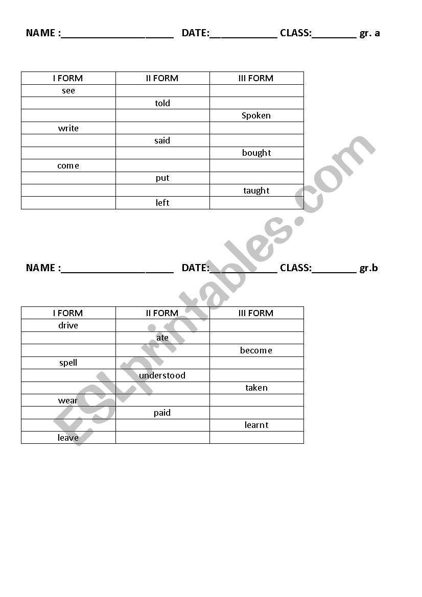 irregular verbs tests worksheet