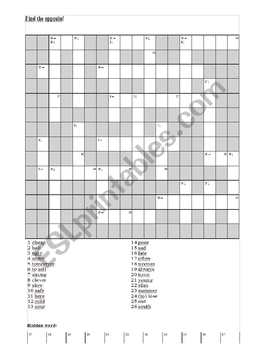 Opposites crossword worksheet