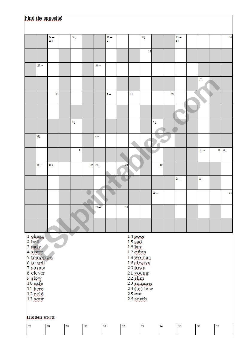 Opposites crossword worksheet