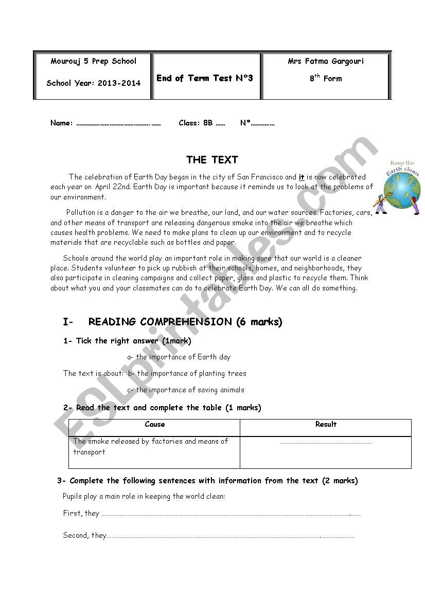 8th form End of Term Test N3 worksheet
