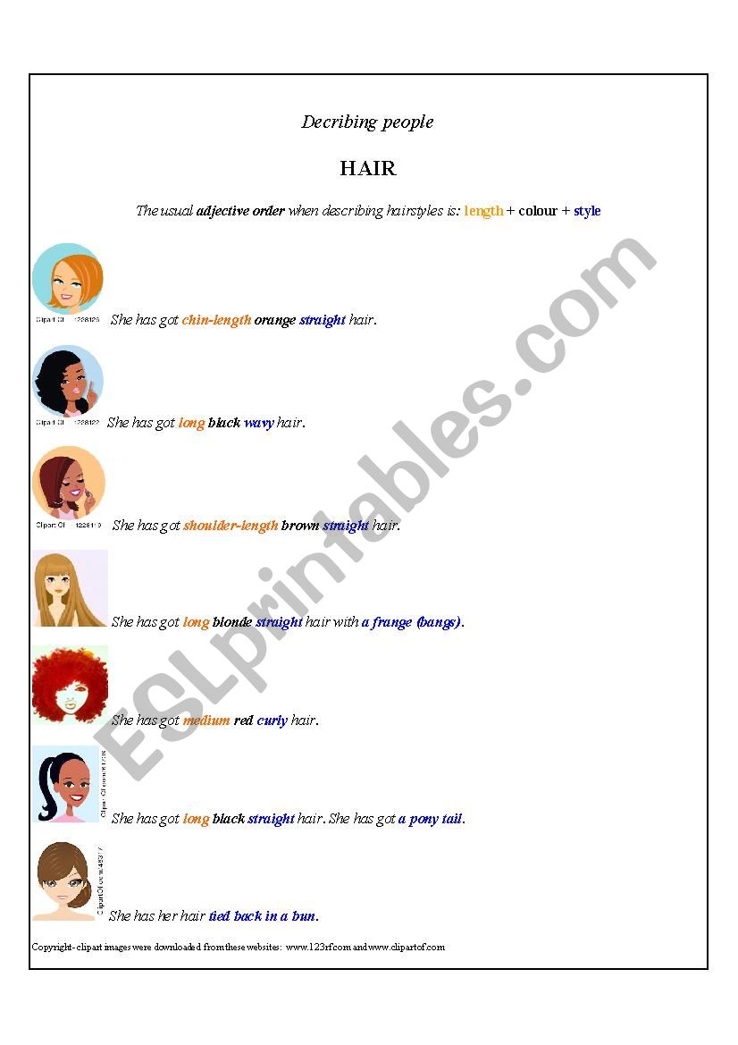 Describing people - HAIR worksheet