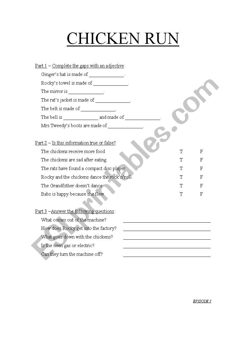 Chicken Run worksheet