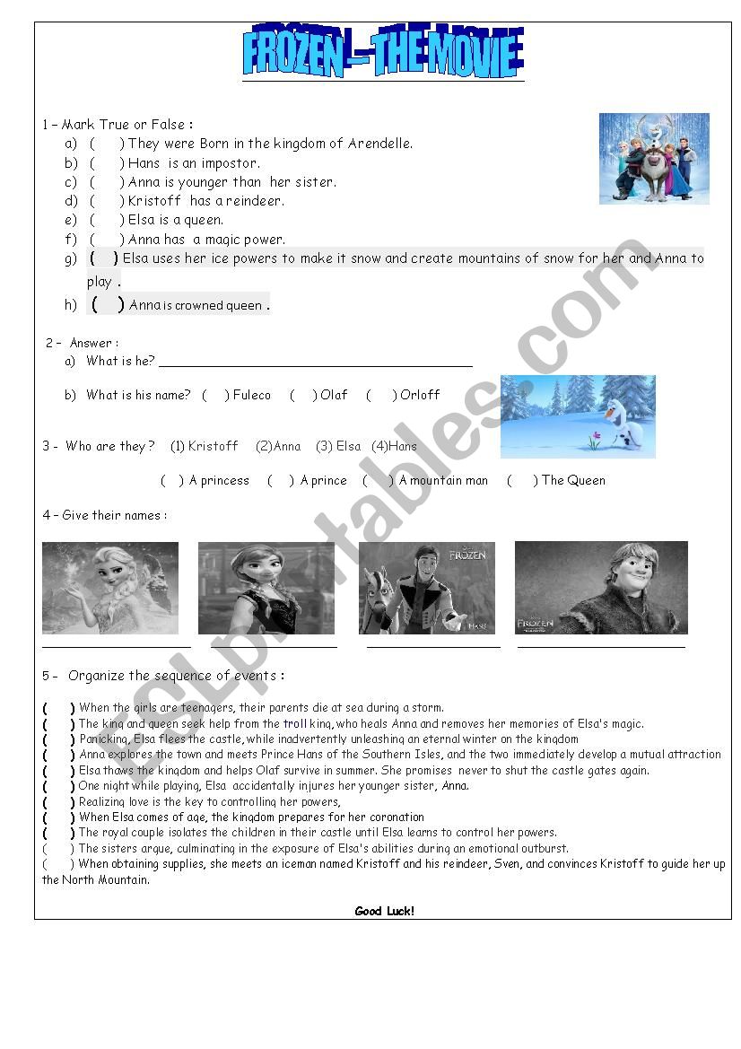 Frozen - the movie worksheet