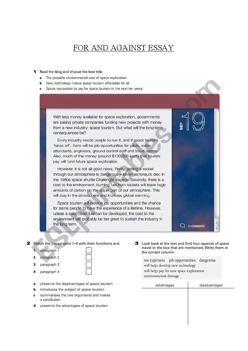 For and against essay worksheet