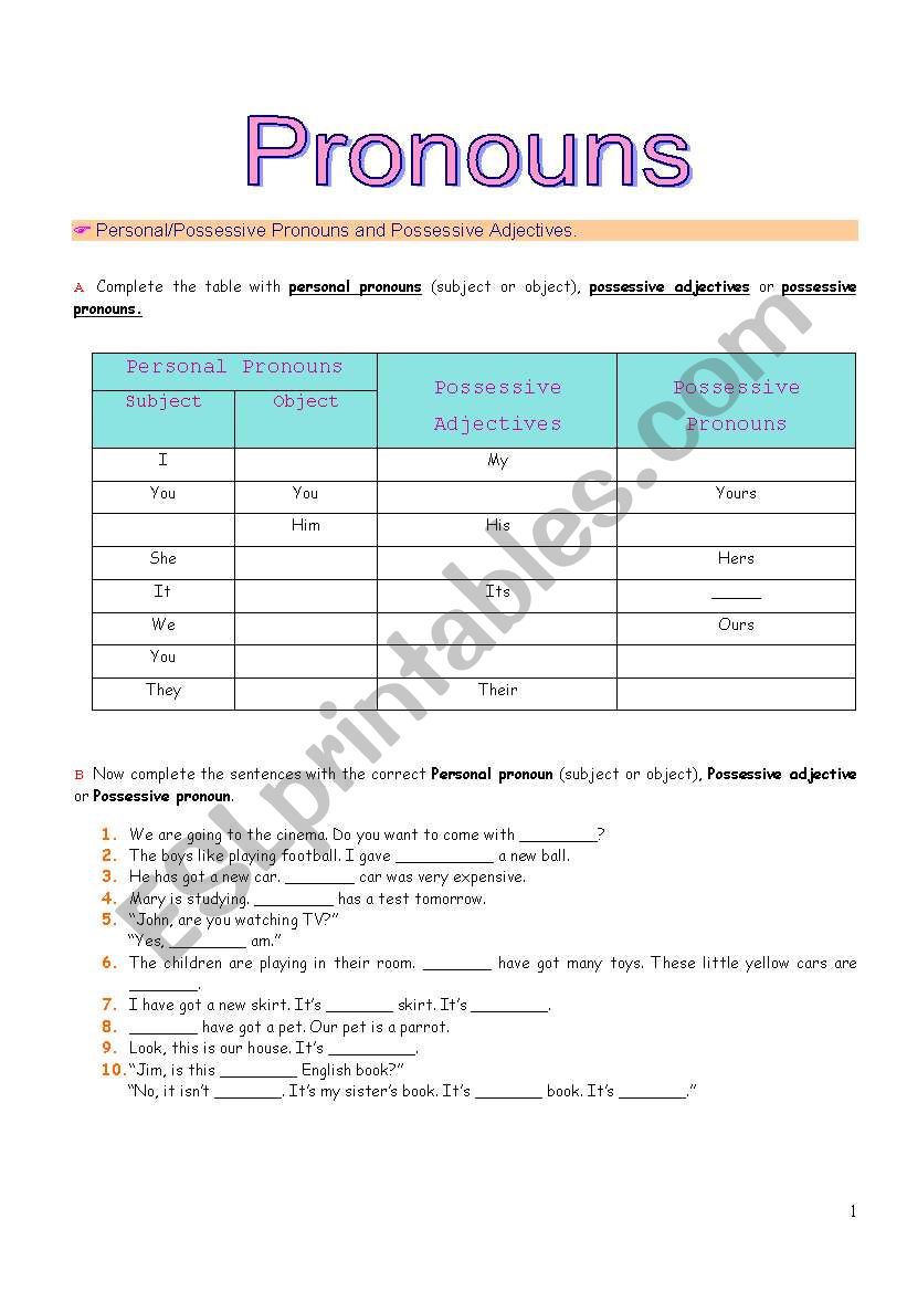 Pronouns worksheet