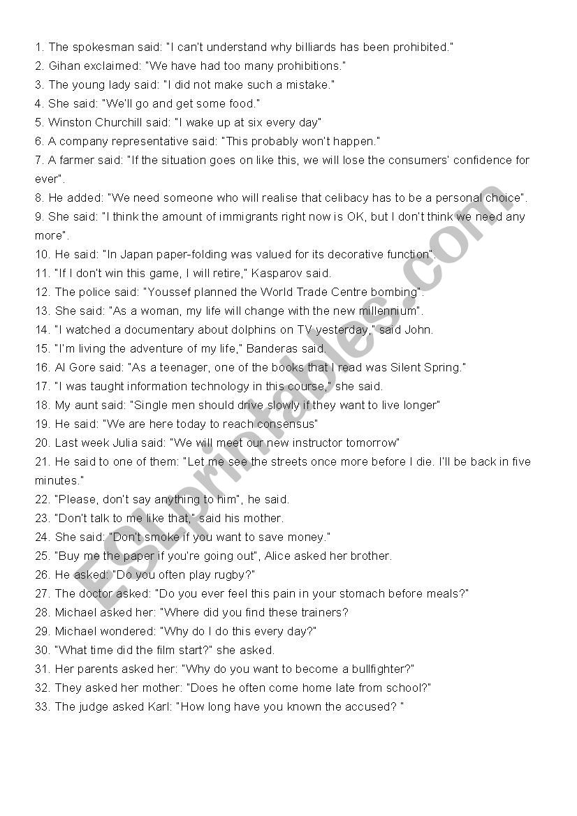 reported speech worksheet