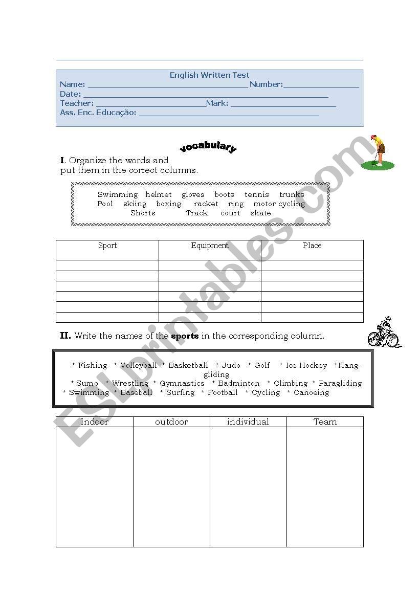 Sports Worksheet worksheet