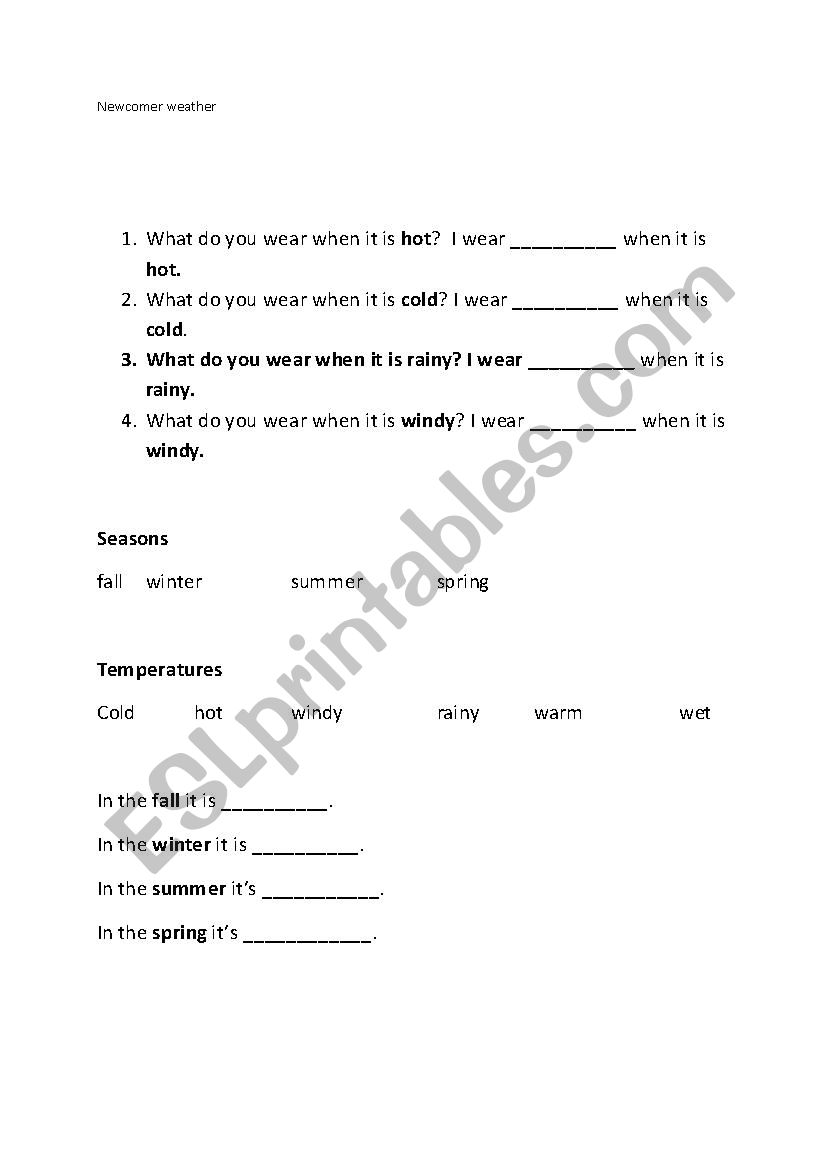 Newcomer Weather worksheet