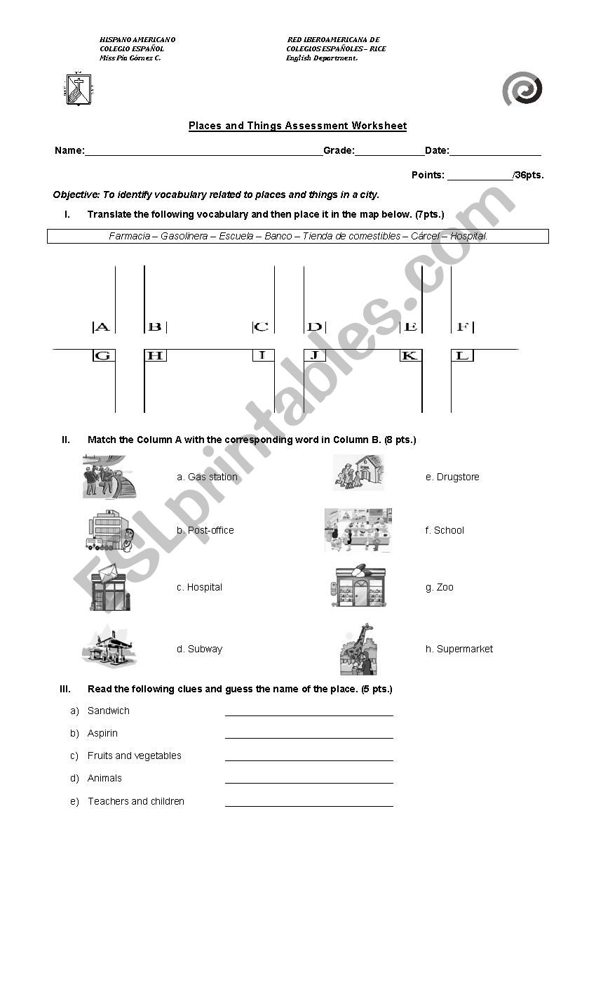 Places and things vocabulary assessment