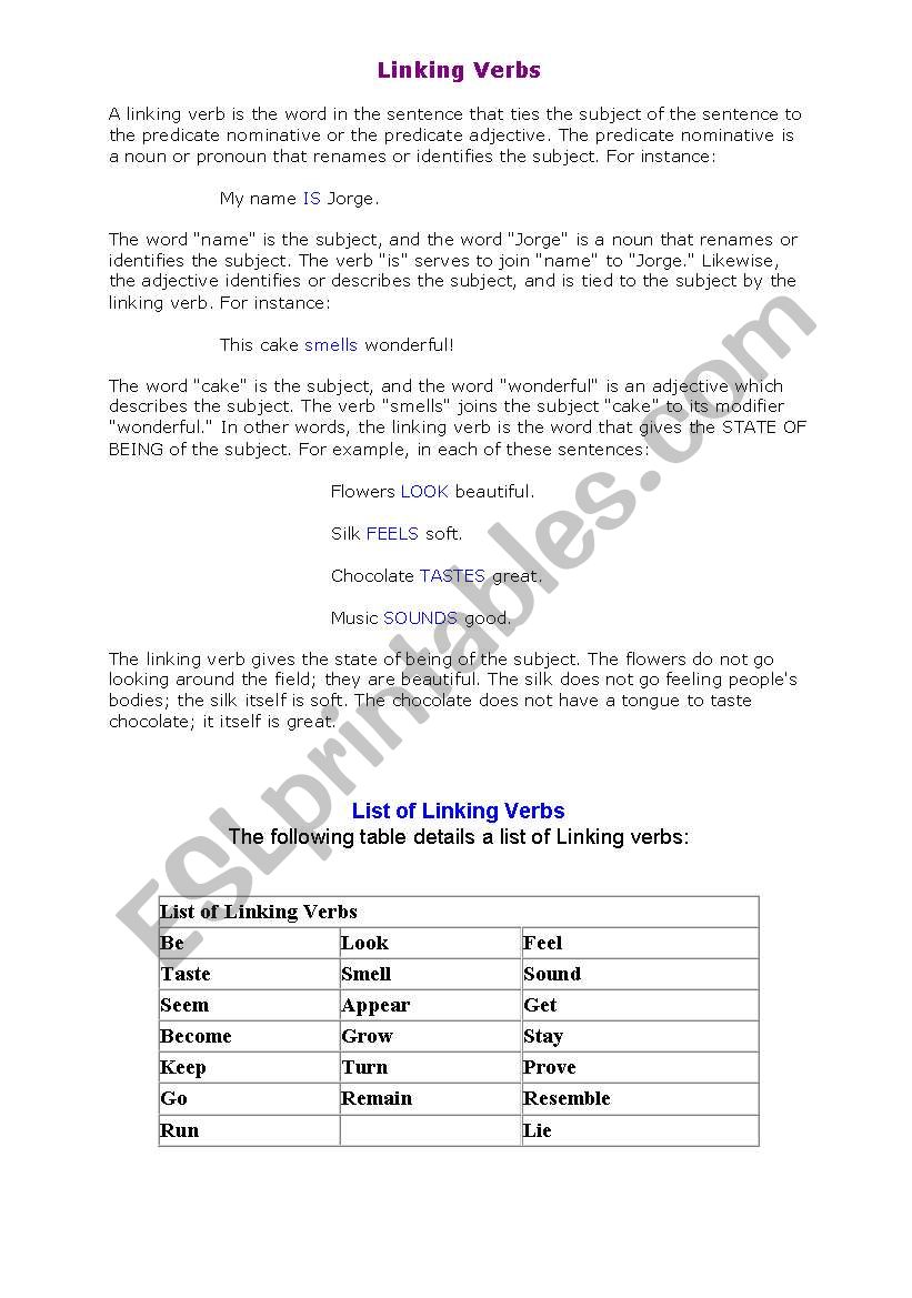 Linking Verbs worksheet