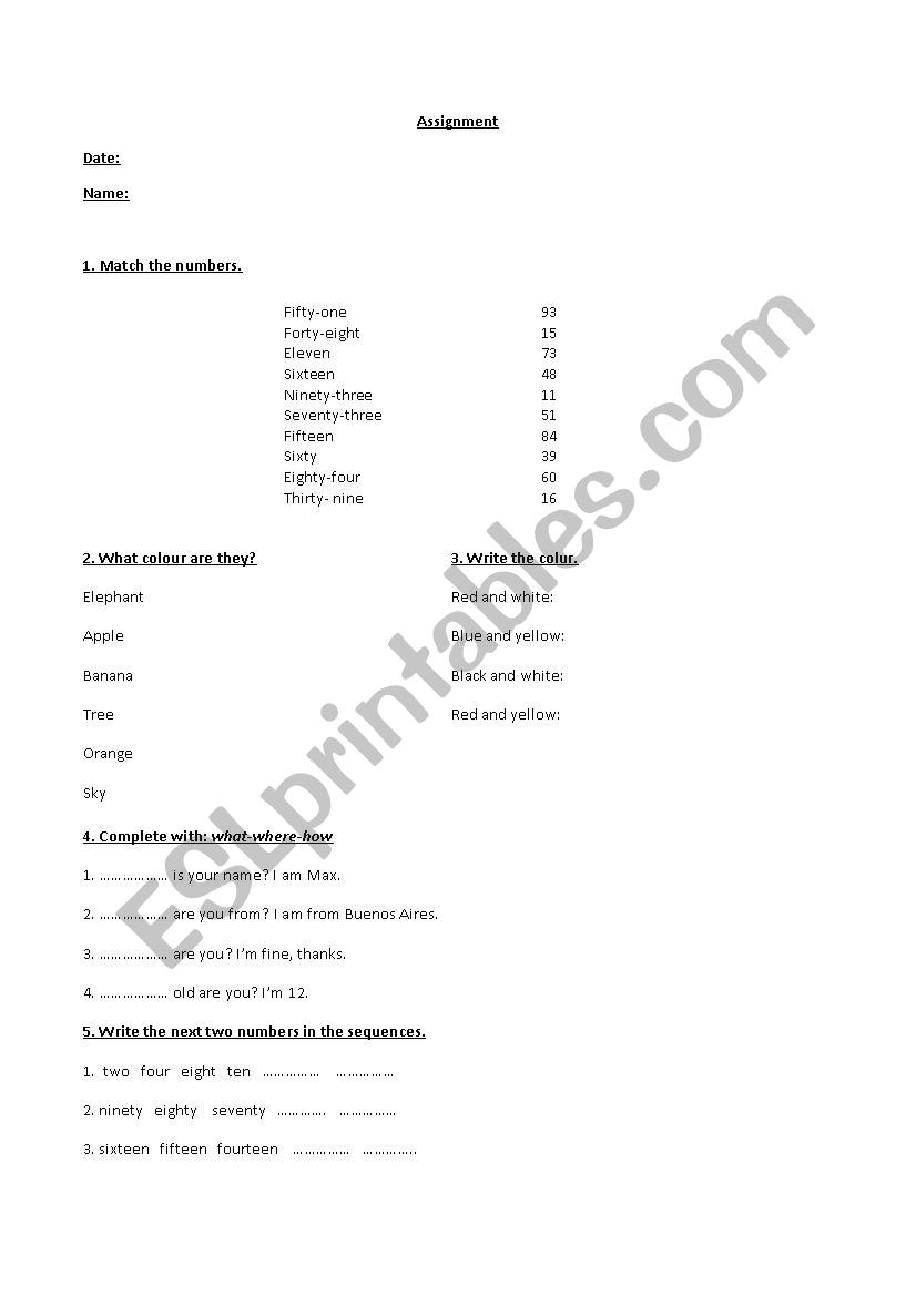 Colors and numbers worksheet