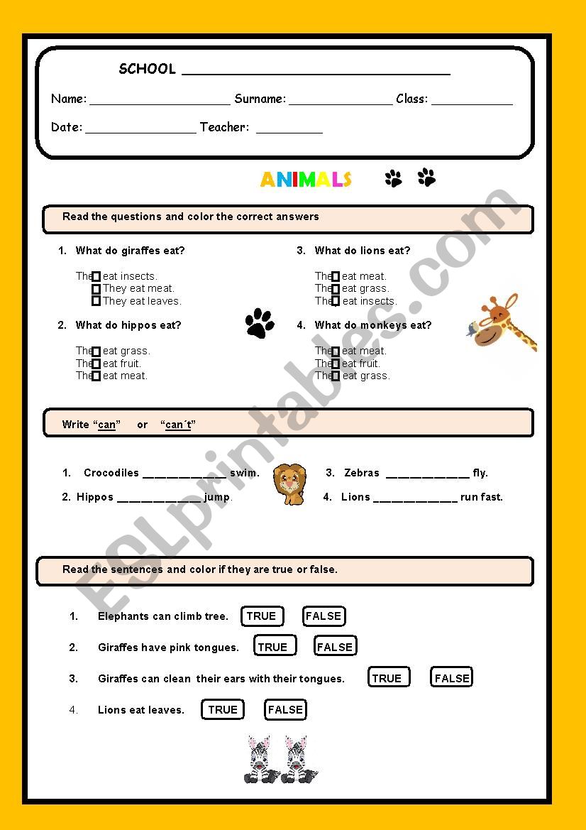 Animals worksheet