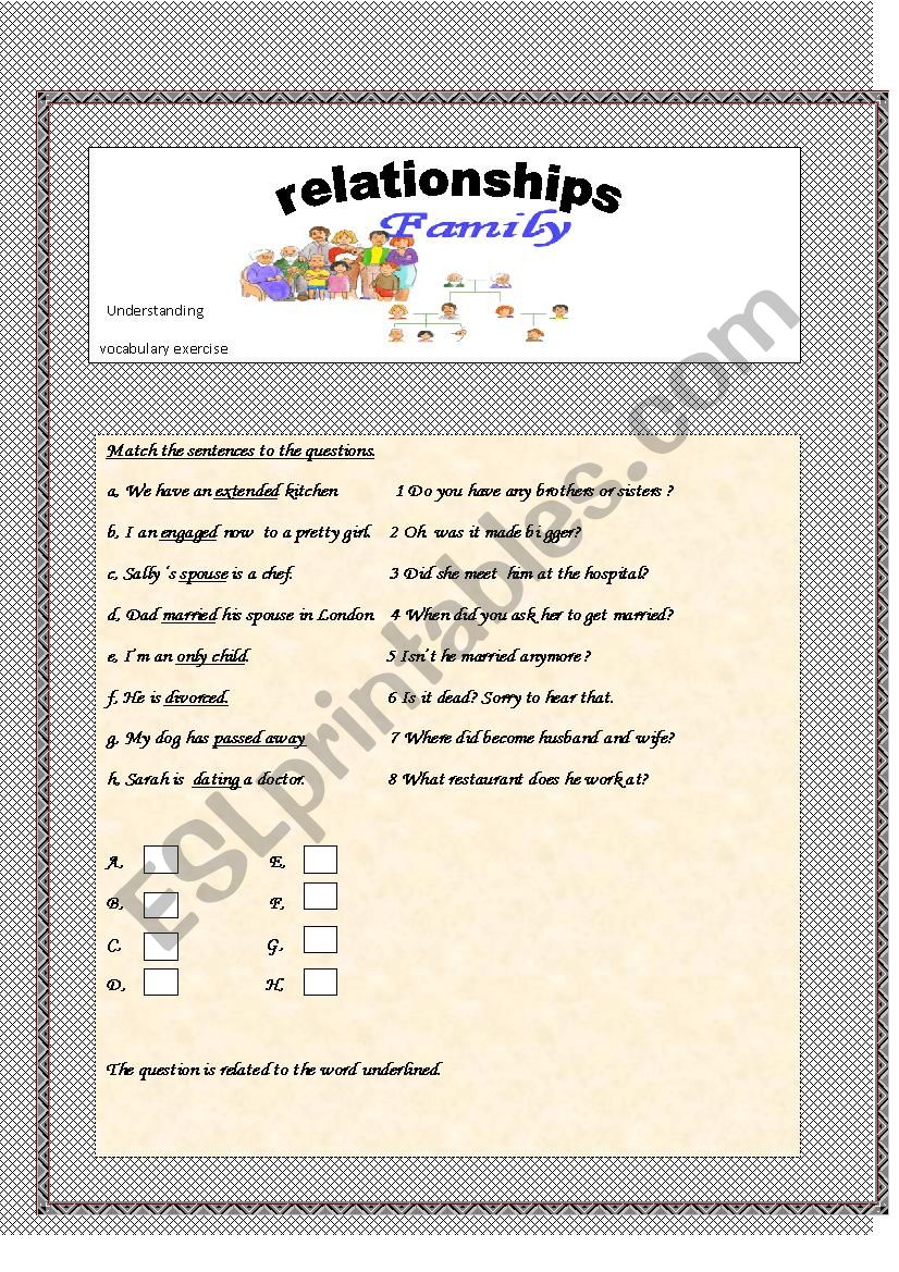 Relationships- match the question and understand vocabulary .