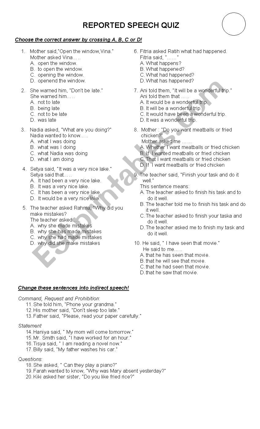 Reported Speech Exercise worksheet