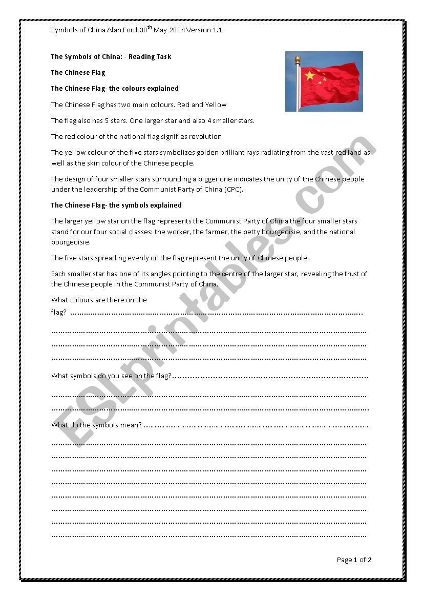 Symbols of China worksheet