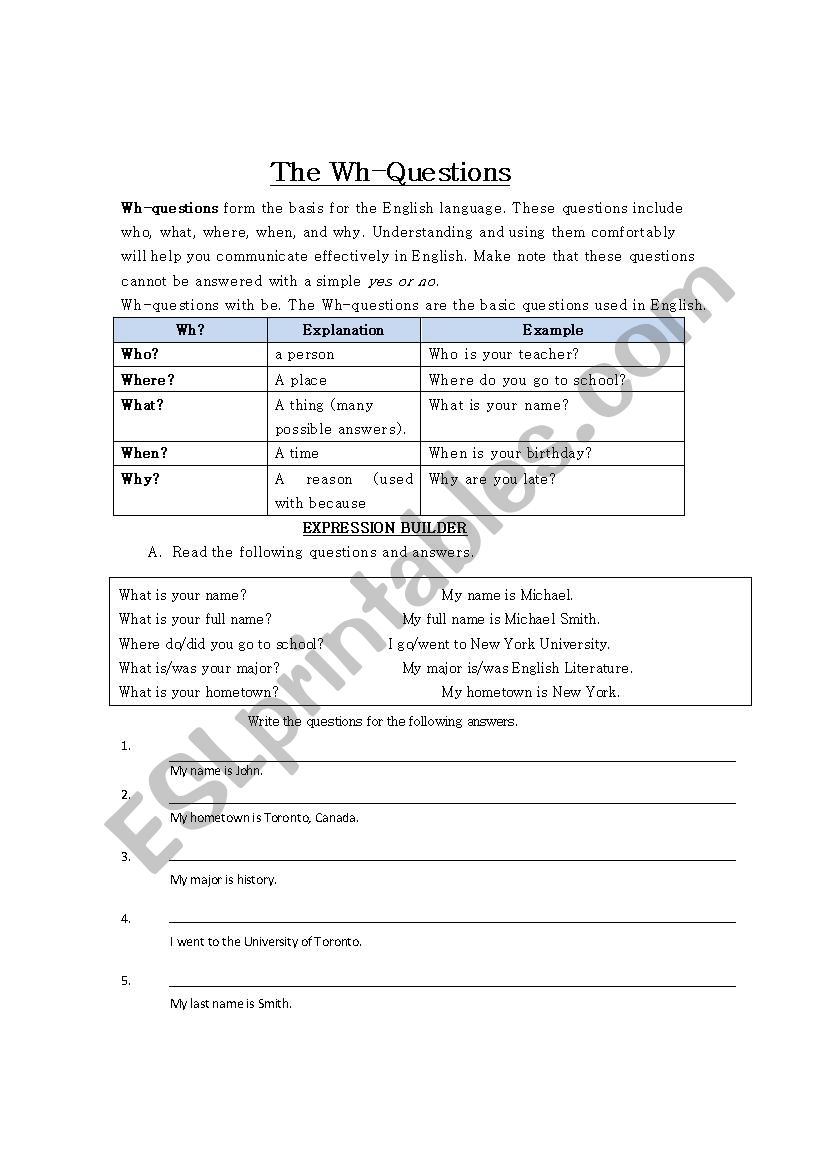 The Wh-Questions worksheet