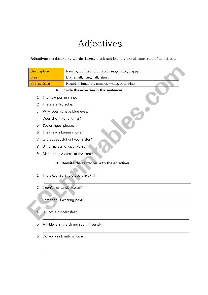 Adjectives Worksheet worksheet