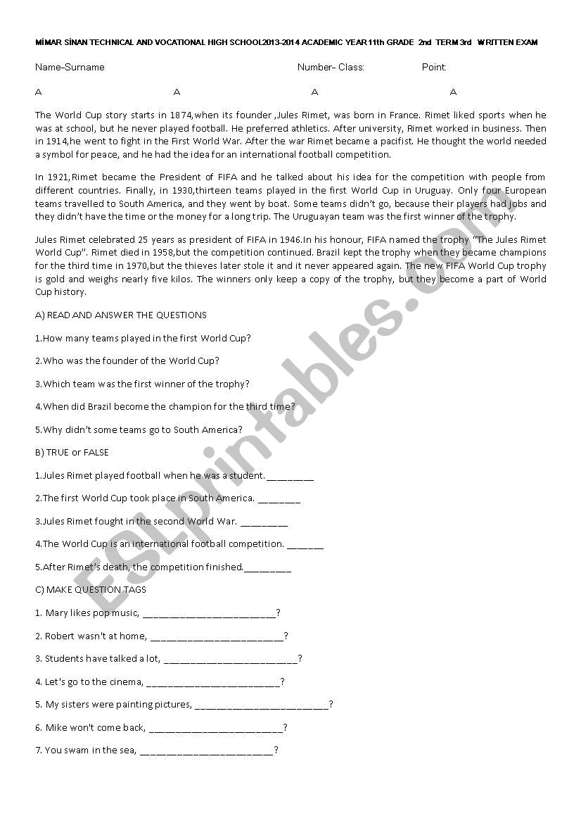 11th grade the third exam worksheet