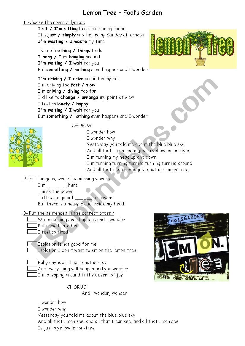 Song Lemon Tree Worksheet worksheet