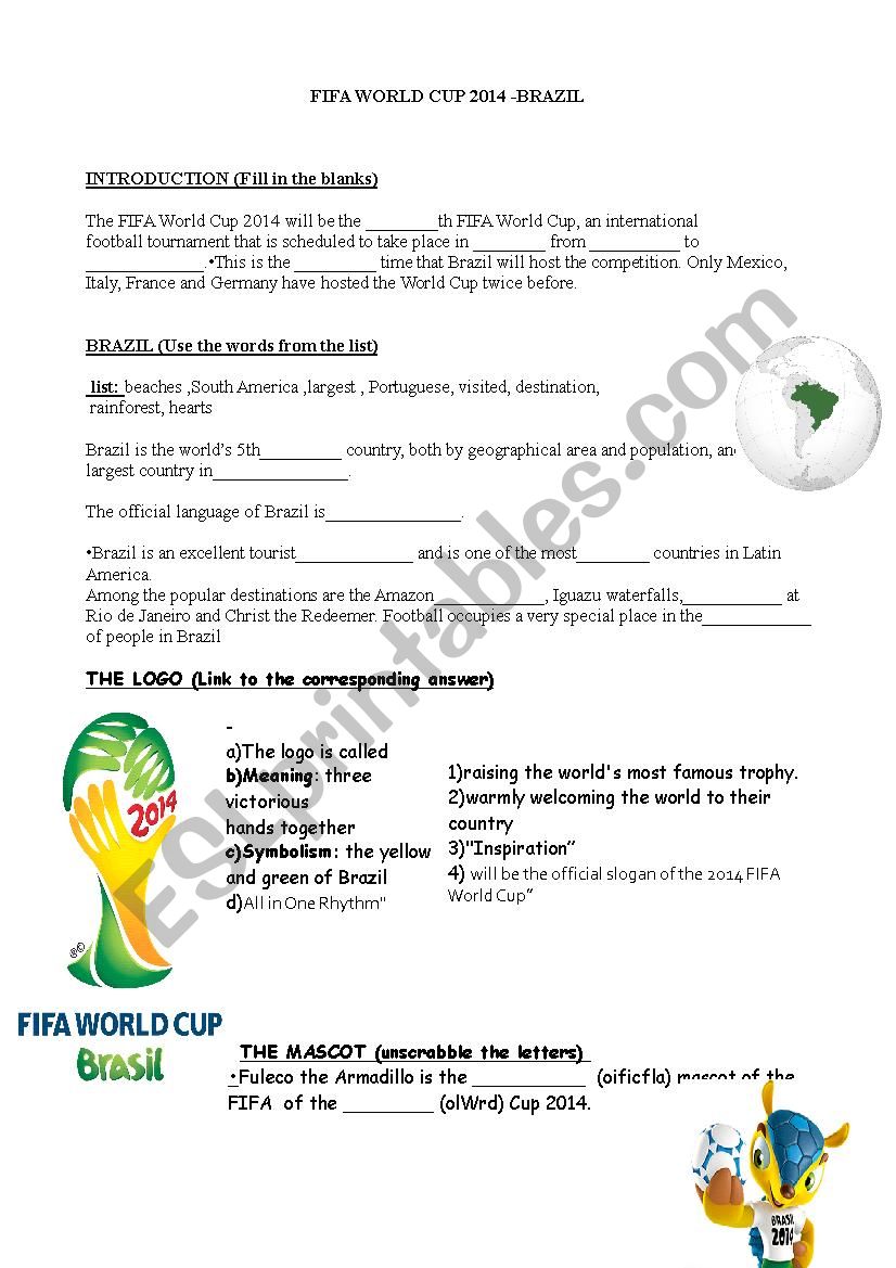 Fifa world cup 2014 Brazil worksheet
